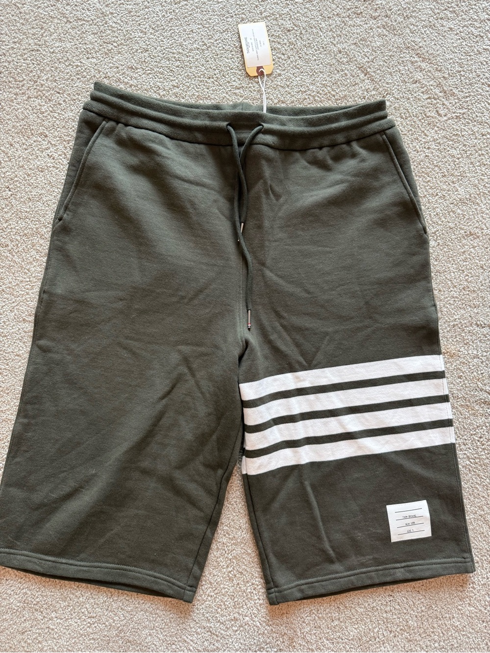 Thom Browne Olive & White Four-Stripe Athletic Shorts